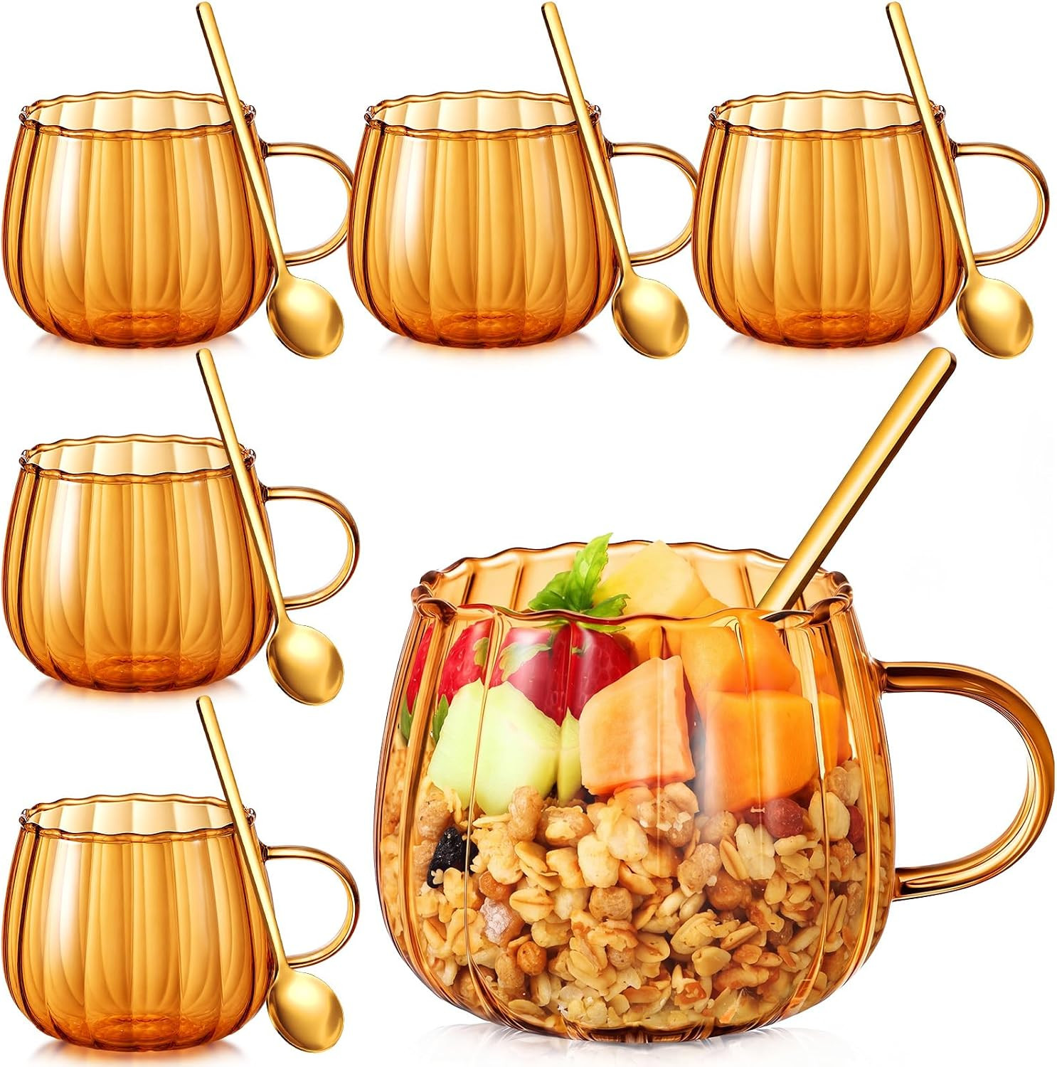 Layhit 6 Sets Pumpkin Shaped Glass Coffee Mugs with Spoons 13.5 oz Orange Tea Cups with Handle Mini Spoons for Fall Thanksgiving Milk, Latte, Cappuccino, Espresso, Cold or Hot Drinks | Amazon (US)