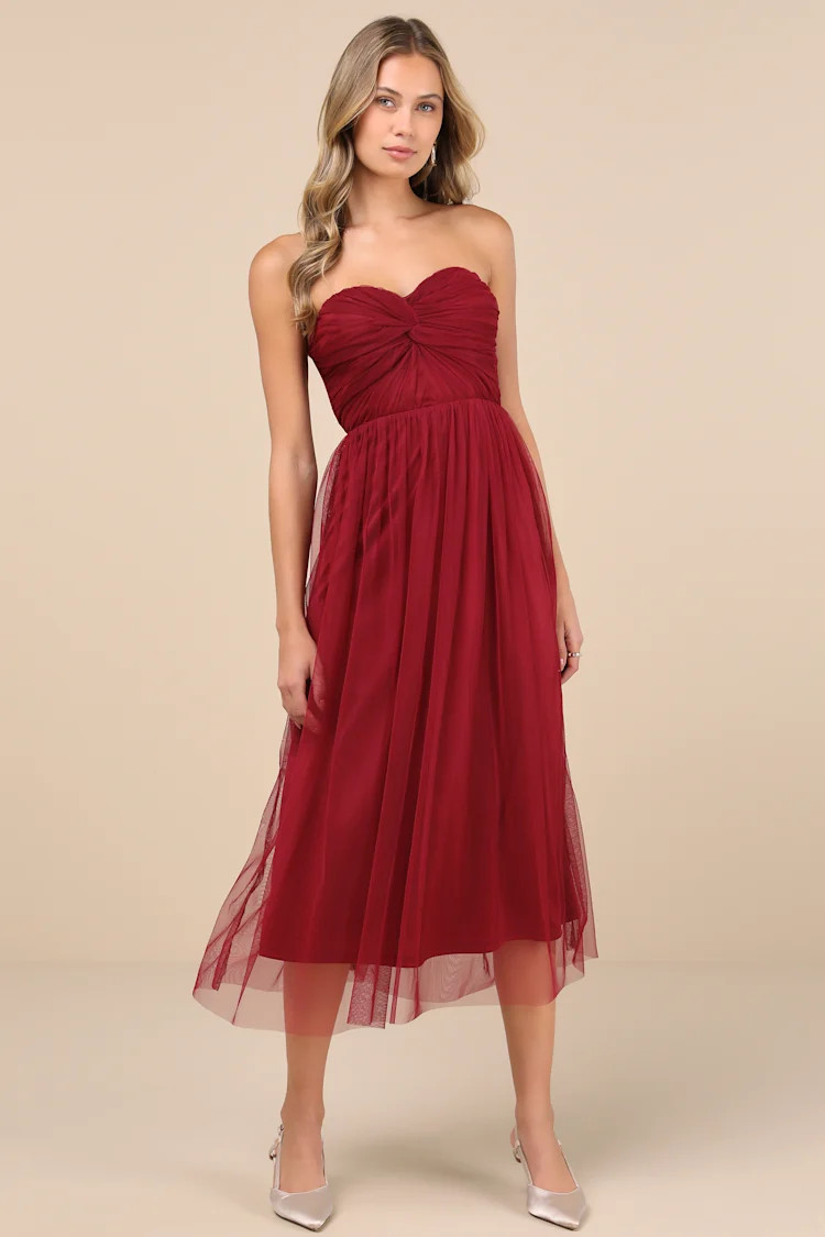 Perfect Whimsy Burgundy Mesh Strapless Midi Dress | Lulus