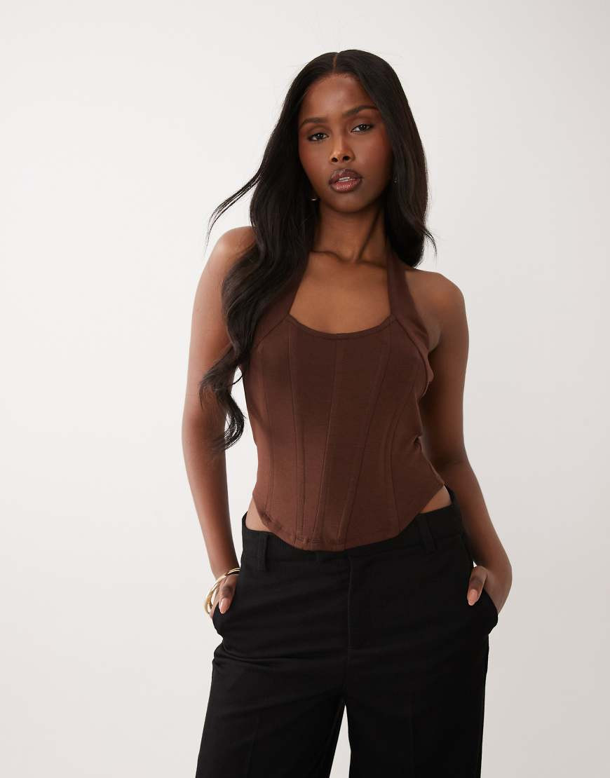 ASOS DESIGN interlock halterneck corset top with boning in brown | ASOS (Global)