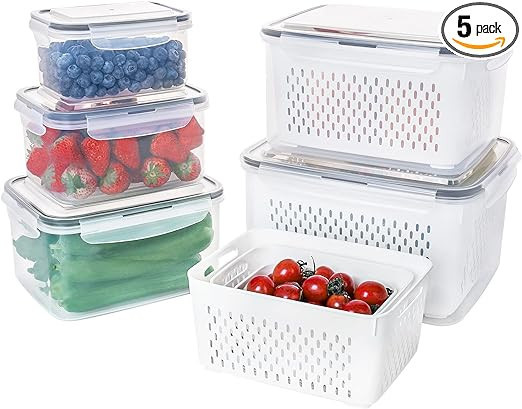 5 PCS Large Fruit Containers for Fridge - Leakproof Food Storage Containers with Removable Coland... | Amazon (US)