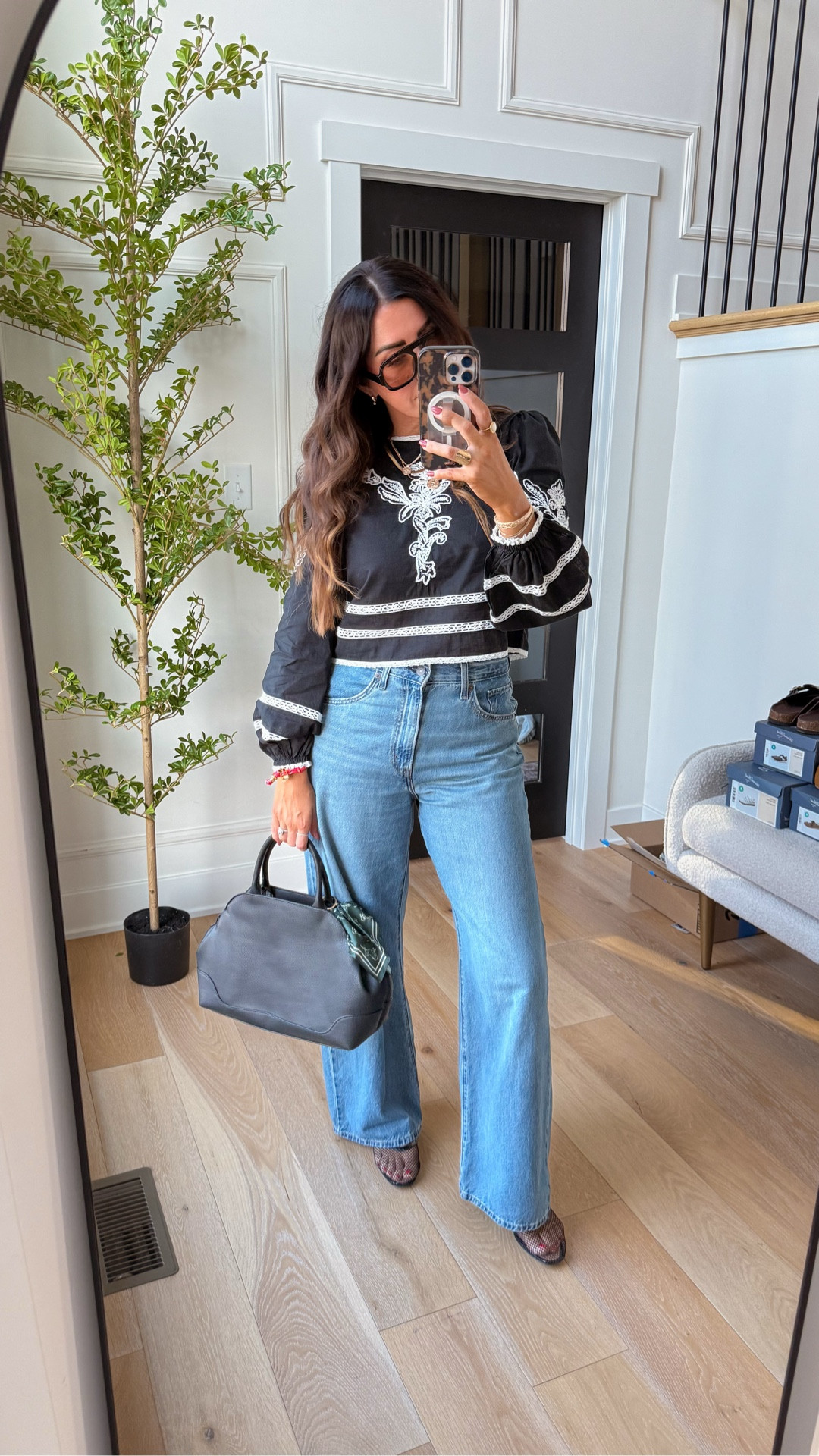 Casual early fall outfit. Cropped boho shirt from Zara. Wearing a medium. Levi’s cinched waist jeans. Sized up one to a 28. Mesh flats, new target bag and designer inspired Amazon sunglasses!

#LTKOver40 #LTKFindsUnder50 #LTKStyleTip