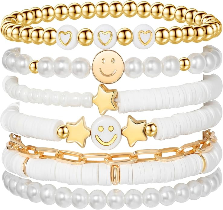 Preppy Bracelets Set Colorful White Gold Smile Heart Star Polymer Beaded Pearl Clay Stackable Cha... | Amazon (US)