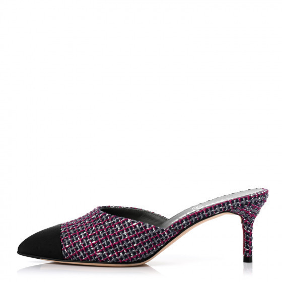 CHANEL Tweed Grosgrain CC Mules 36.5 Purple Navy Grey Black | Fashionphile