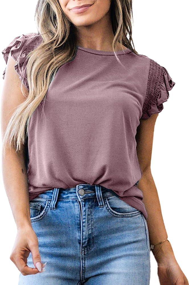 SHEWIN Womens Shirts 2025 Summer Crewneck Ruffle Sleeve Tops Dressy Casual Blouses | Amazon (US)