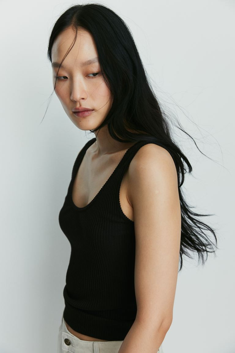 Ribbed Tank Top - Low-cut Neckline - Short sleeve - Black - Ladies | H&M US | H&M (US + CA)