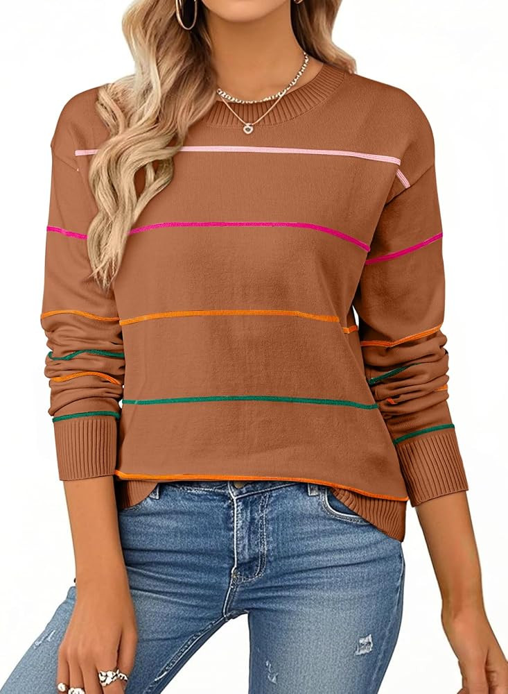 SHEWIN Womens Sweaters Crew Neck Knit Long Sleeve Striped Sweater Fall Outfits for Women 2026 | Amazon (US)