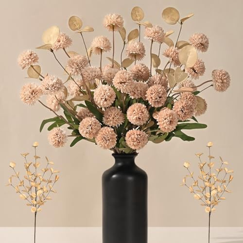10pcs Fake Flowers Faux Silk Pompon Mums, Bulk Fake Mini Chrysanthemums with 2pcs Eucalyptus Stems, Artificial Kiku Flowers for Vase DIY Centerpieces Bouquet Floral Arrangements Decorations, Beige | Amazon (US)