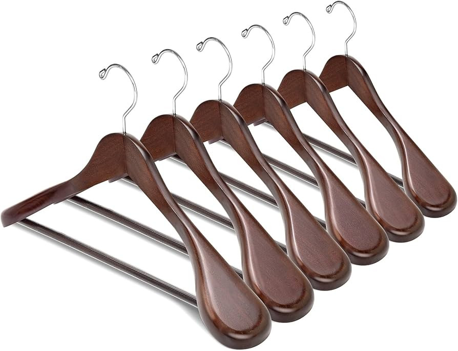 Amber Home 6 Pack Walnut Wide Shoulder Wooden Suit Coat Hangers with Non Slip Pants Bar, Solid Wo... | Amazon (US)