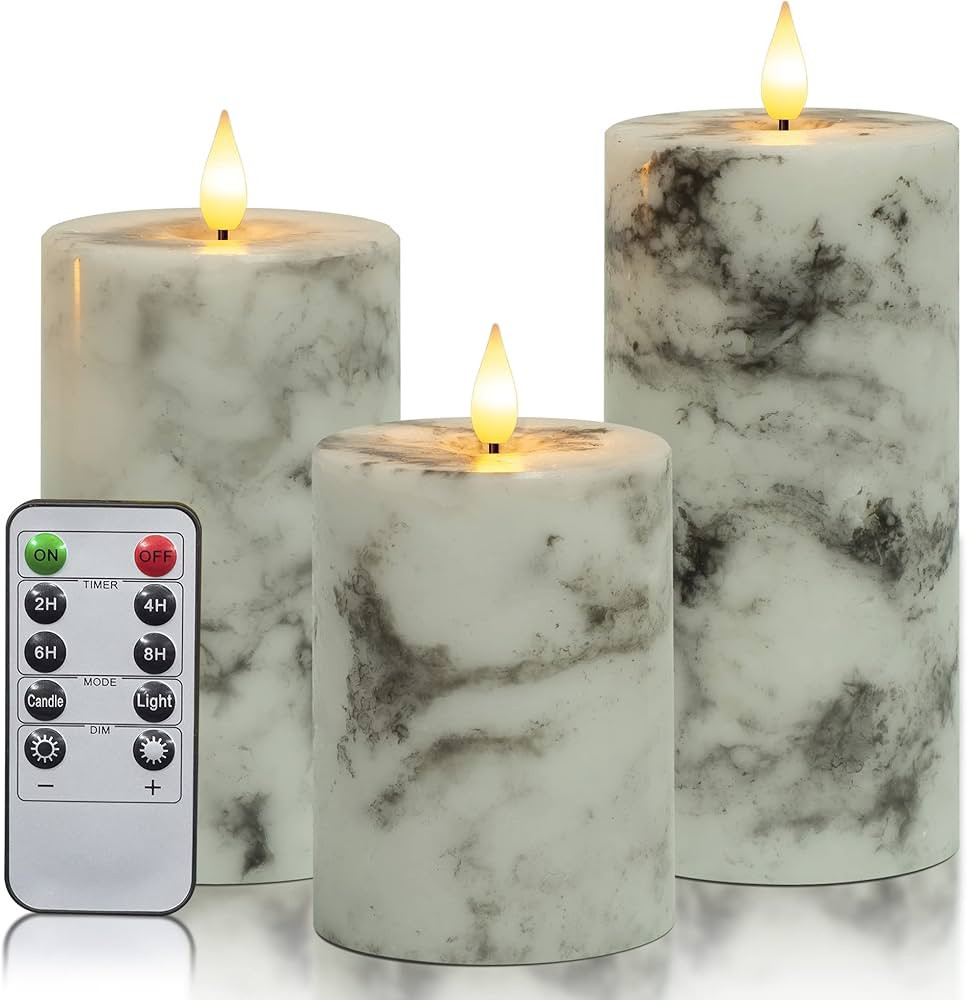 Flameless Candles Marble Handmade Battery Operated Pillar Real Wax LED Electric Candles 3D Wick F... | Amazon (US)