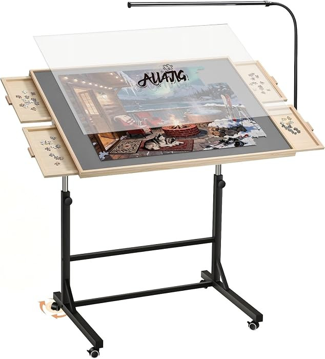 Puzzle Table with LED Light, Wooden Jigsaw Puzzle Board with 4 Drawers&Cover, Wheels&Vertical Storage Option, Laptop&Drafting Table for Couch, for Bricks Building (Grey-led, Large-2000pcs) | Amazon (US)
