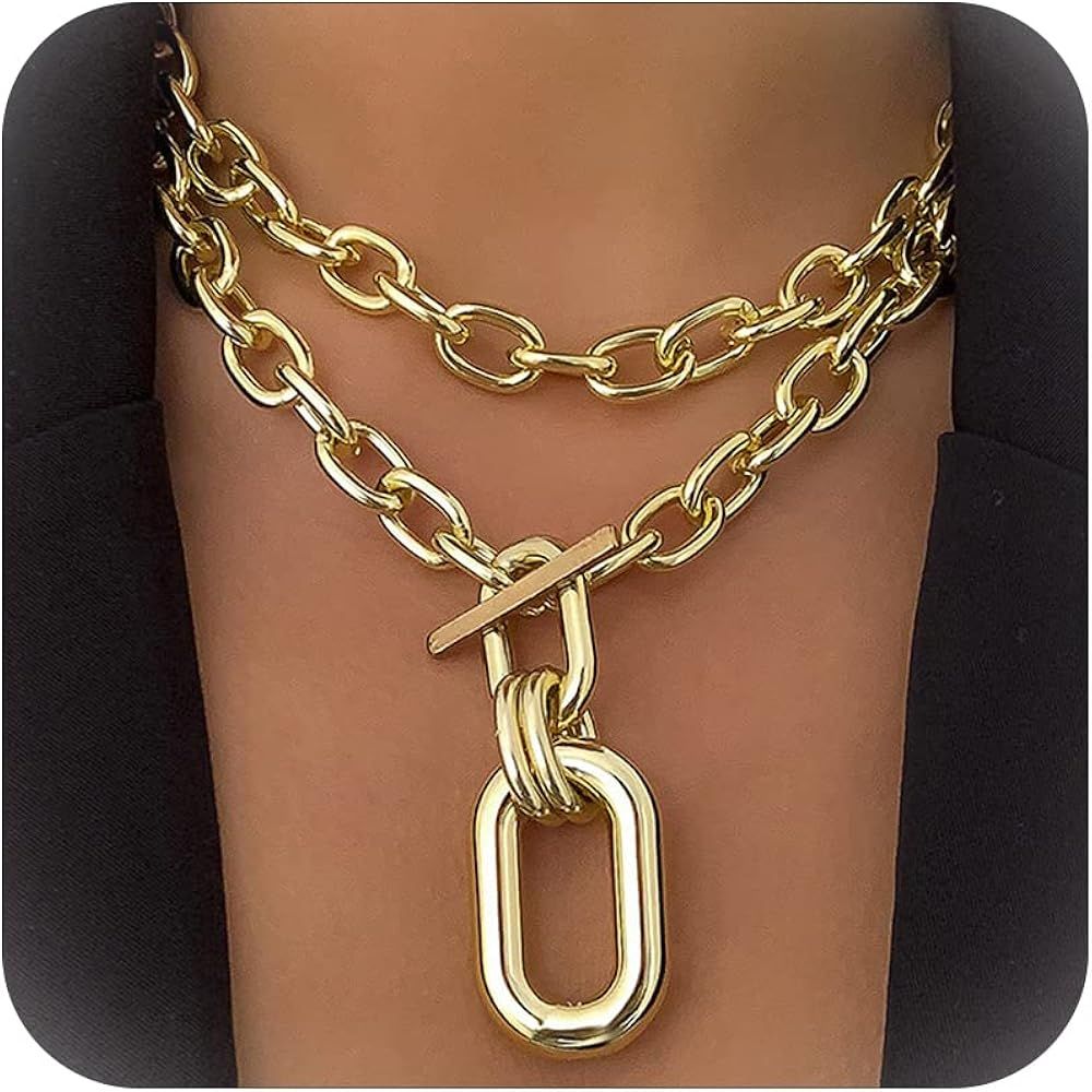 Layered Chunky Necklace for Women Gold Cuban Link Chain Carabiner Necklace Punk Statement Necklac... | Amazon (US)