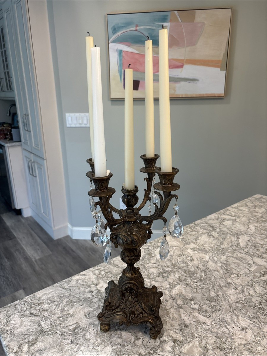 Vtg Hollywood Regency Rococo 4 Arm Brass Candelabra Prisms (Can Make Into Lamp) | eBay US