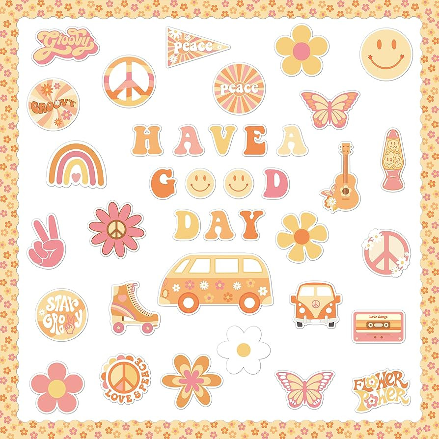 B1ykin 103Pcs Boho Groovy Retro Hippie Back to School Cutouts Bulletin Board Decoration Set, 60s ... | Amazon (US)
