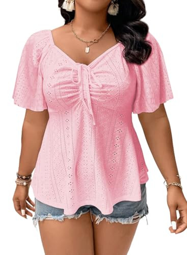 Eytino Womens Plus Size Tops Sweetheart Neck Short Sleeve Eyelet Embroidery Summer Loose Peplum S... | Amazon (US)