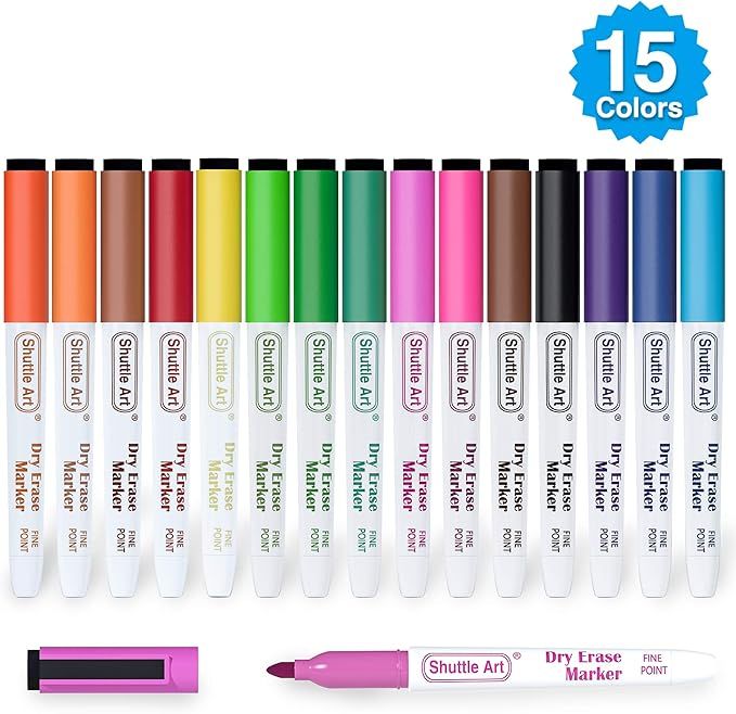 Dry Erase Markers, Shuttle Art 15 Colors Magnetic Whiteboard Markers with Erase,Fine Point Dry Er... | Amazon (US)