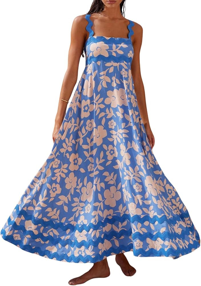 Women's Rickrack Trim Spaghetti Strap Square Neck Tank Maxi Dress Sleeveless Long Beach A-Line Su... | Amazon (US)