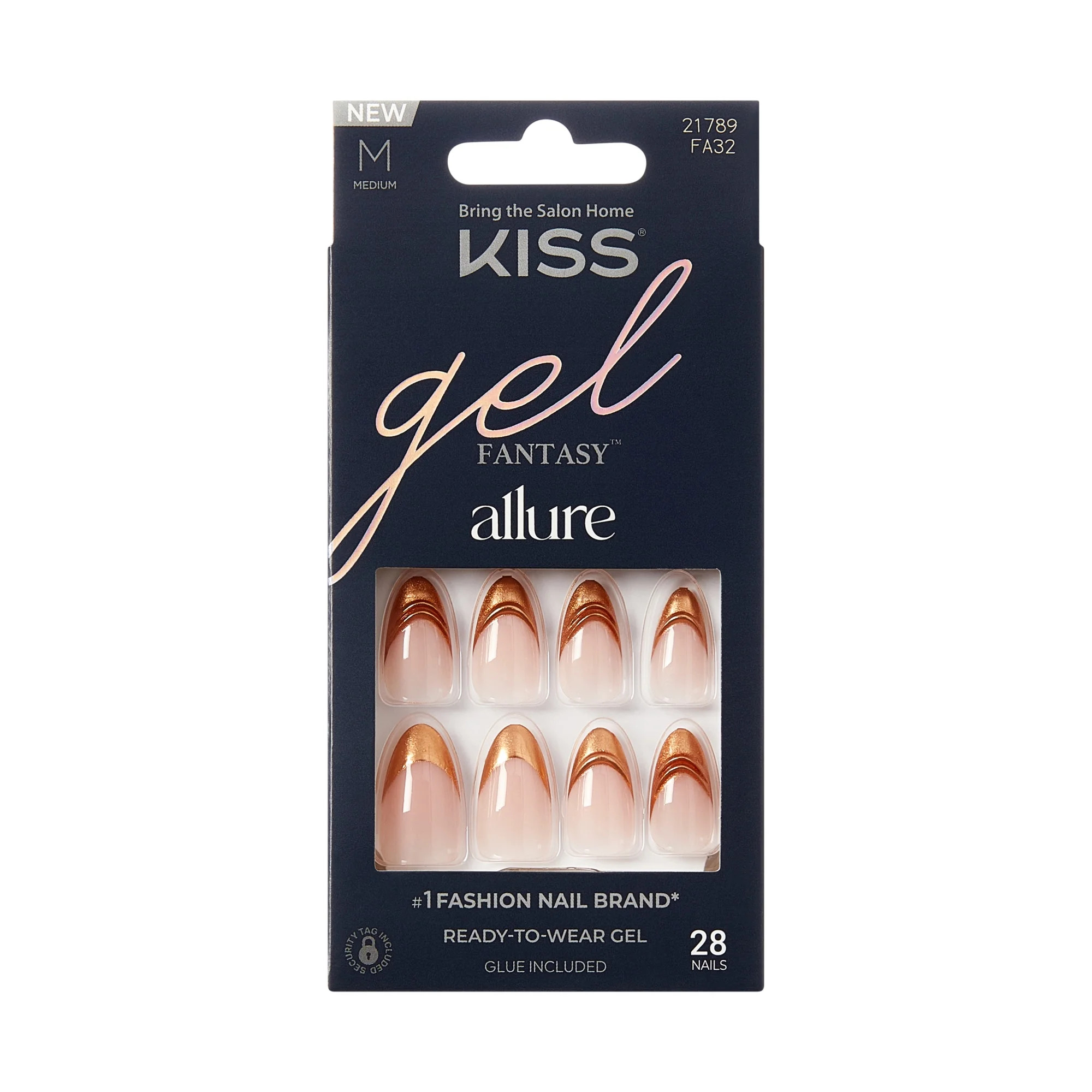 KISS Gel Fantasy Allure Press On Nails Almond, ‘Golden Trace’, Beige, Medium, 28 Count | Walmart (US)