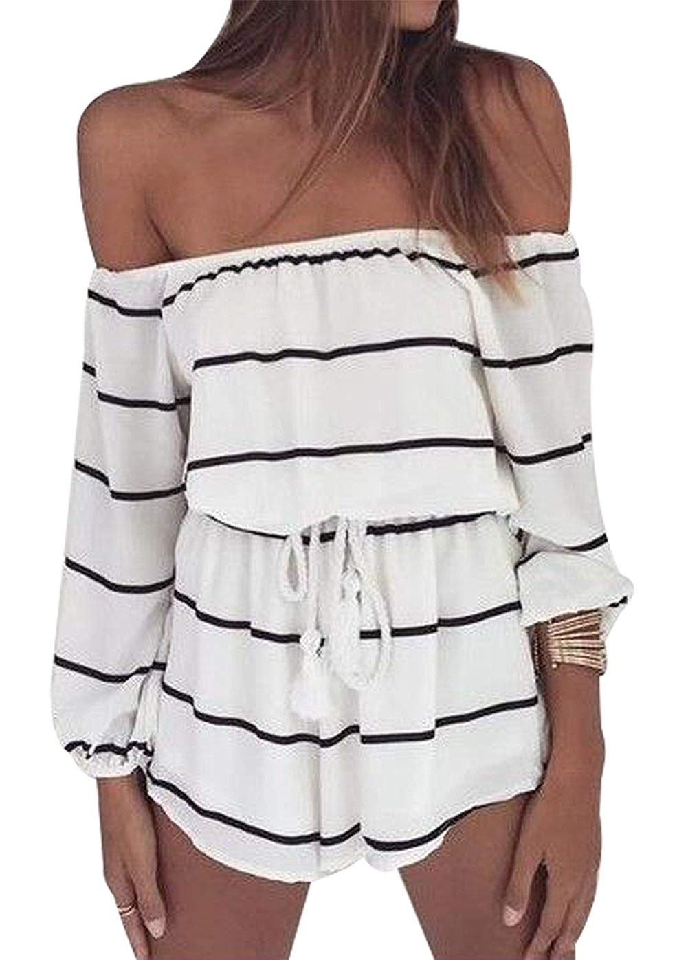 MAXIMGR Off Shoulder Stripe Romper Women Strapless Long Sleeve Short Pants Jumpsuit Romper with T... | Amazon (US)