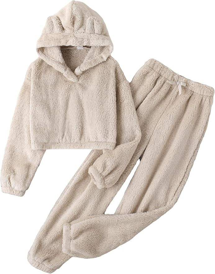SOLY HUX Girl's Bear Ear Fuzzy Fluffy Drop Shoulder Hoodie Sweatshirt with Sweatpants Two Piece O... | Amazon (US)