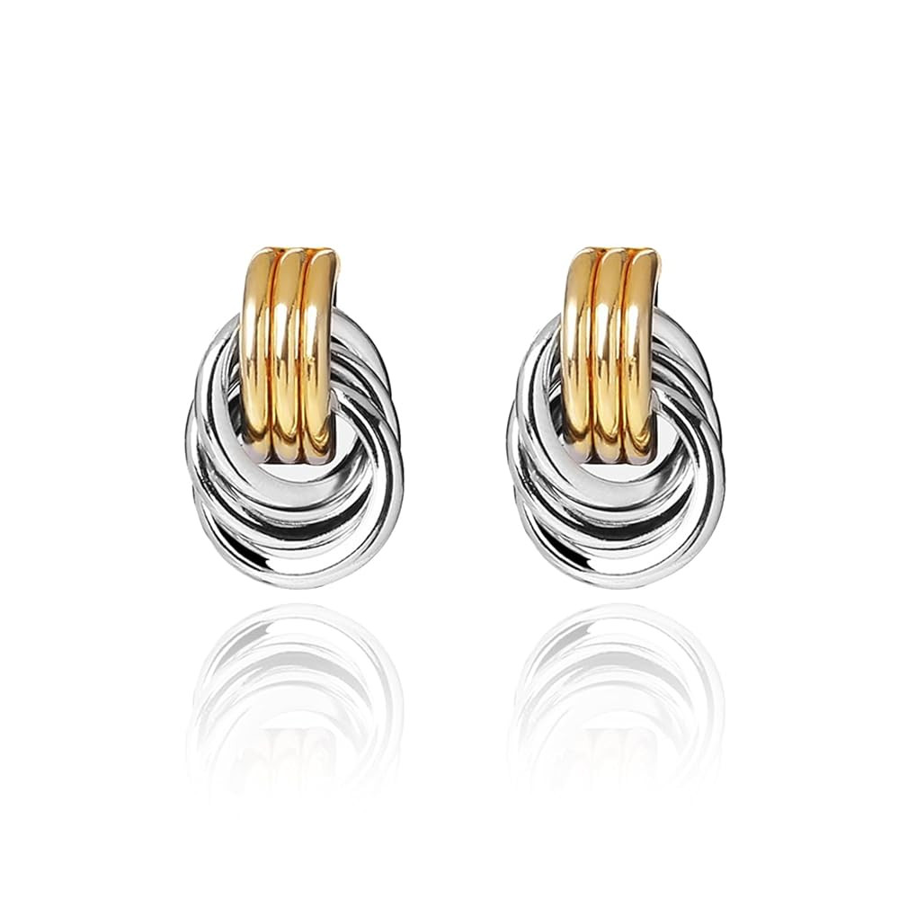 Gold and Silver Two Tone Knot Earrings for Women Gold Statement Earrings Elegant Chunky Double Ho... | Amazon (US)
