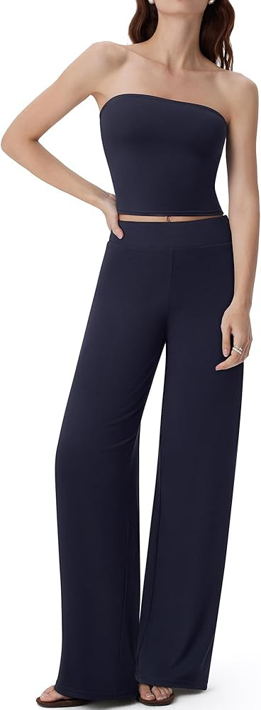 SUUKSESS Women 2 Piece Lounge Set Tube Top Wide Leg Pants Matching Sets Beach Vacation Outfits | Amazon (US)