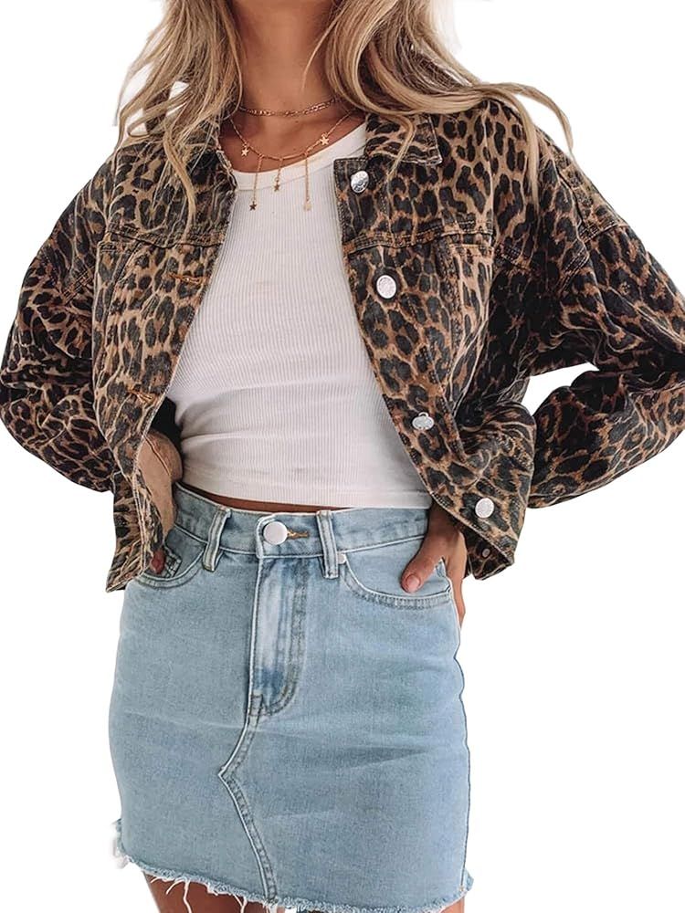 Justalwart Denim Jacket for Women Leopard Print Retro Shape Button-up Front Bomber Jacket | Amazon (US)