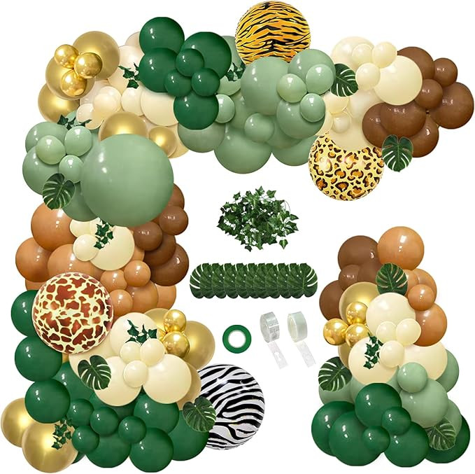 142pcs Safari Jungle Wild One Balloon Garland Arch Kit Sage Green and Brown Balloons with Animal ... | Amazon (US)