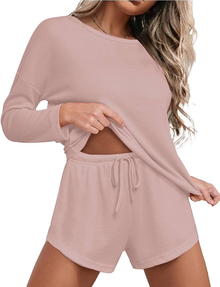 Ekouaer Womens Waffle Knit Pajama Sets Long Sleeve Top and Shorts Matching Lounge Set Loungewear ... | Amazon (US)