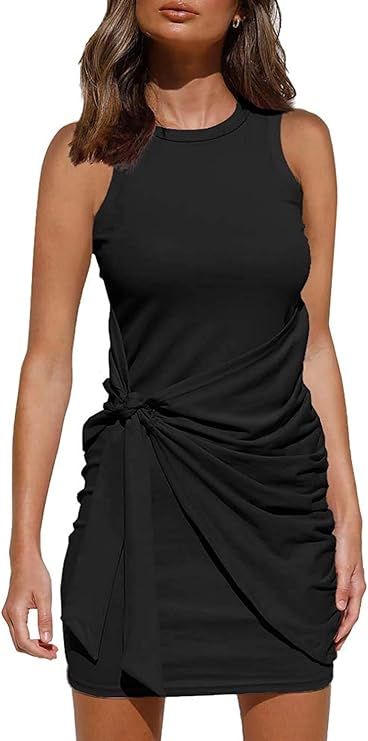 SVALIY Womens Summer Sexy Crew Neck Casual Ruched Bodycon T Shirt Sleeveless Short Mini Dresses | Amazon (US)