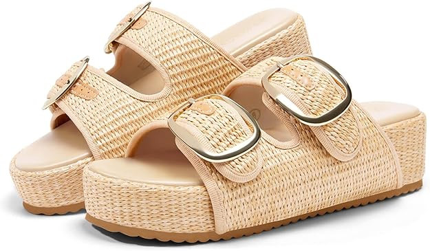 Coutgo Womens Platform Sandals Raffia Espadrilles Two Band Open Toe Slip On Slides Beach Vacation... | Amazon (US)
