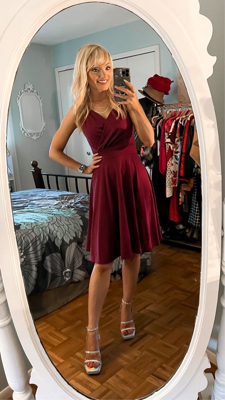 A-Line tank style wrap wedding guest dress from Amazon. I am in a small! Other colors available  - cocktail dress - evening dress - metallic shoes - evening shoes - platform heels - y2k shoes - Amazon Fashion - Amazon finds 

#LTKwedding #LTKSeasonal #LTKunder50