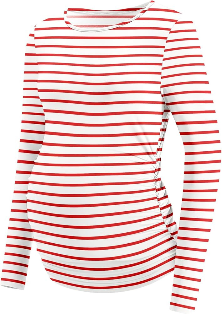 LOMON Maternity Shirts Long Sleeve Thermal Tops Side Ruched Casual Tshirt Crewneck Fleece Base La... | Amazon (US)