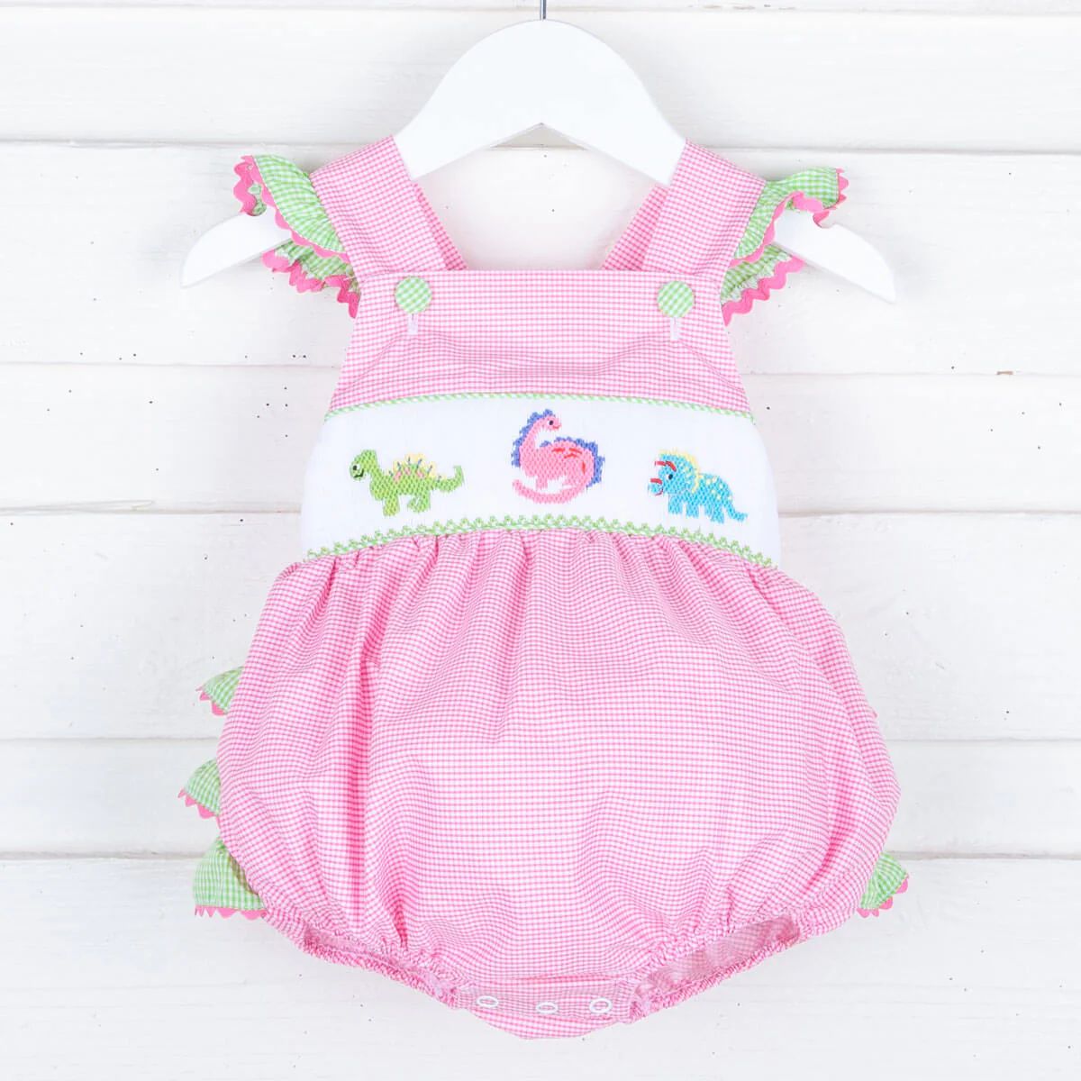 Dinosaur Smocked Pink Gingham Bubble | Classic Whimsy