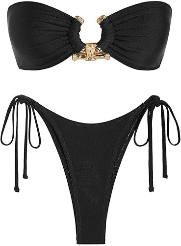 ZAFUL Women's Bandeau Bikini O Ring Strapless Tie Back High Cut Two Piece Swimsuit Bathing Suits | Amazon (US)