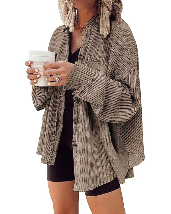 CHARTOU Women's Vintage Banded Collar Button Down Baggy Loose Fit Mid-Weight Frayed Waffle Knit S... | Amazon (US)