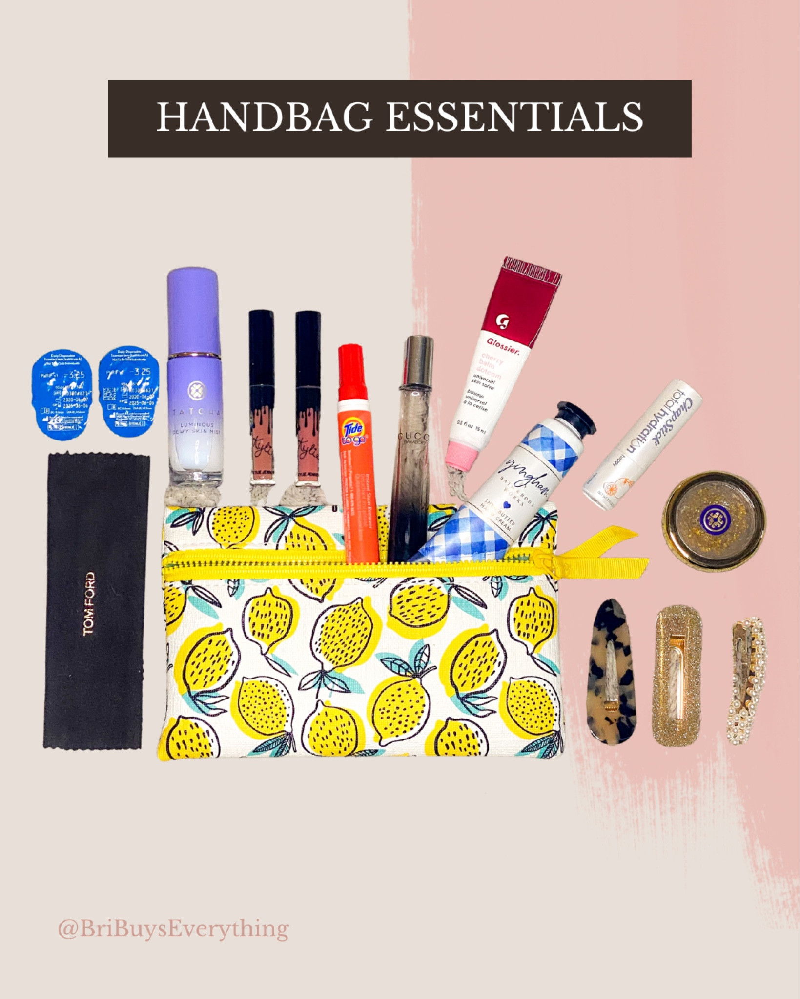 Items in my catch-all:
• @tomford microfiber cloth 
• @bauschlomb spare contacts 
• @tatcha Luminous Dewy Skin Mist 
• @kyliecosmetics mini liquid lip lipsticks in colors Candy K & Charm
• @tidelaundry TO-GO pen 
• @guccibeauty perfume in scent “Bamboo” 
• @glossier Cherry Balm Dot Com 
• @bathandbodyworks hand lotion in scent “Gingham” 
• @chapstick Total Hydration in flavor “Happy” 
• @tatcha Camellia Gold Spun Lip Balm 
• @amazon hair clips 


#LTKitbag #LTKstyletip #LTKbeauty