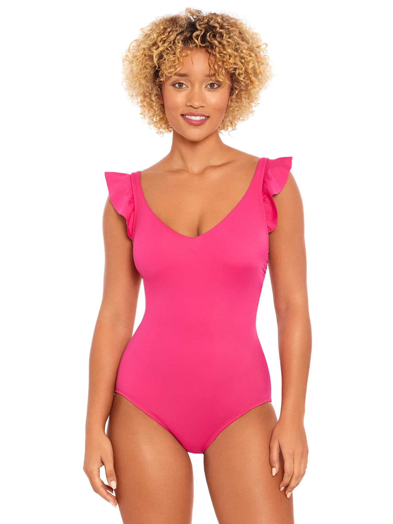 Time and Tru Women's and Plus Solid Ruffle Strap One Piece Swimsuit, Sizes S-3X | Walmart (US)