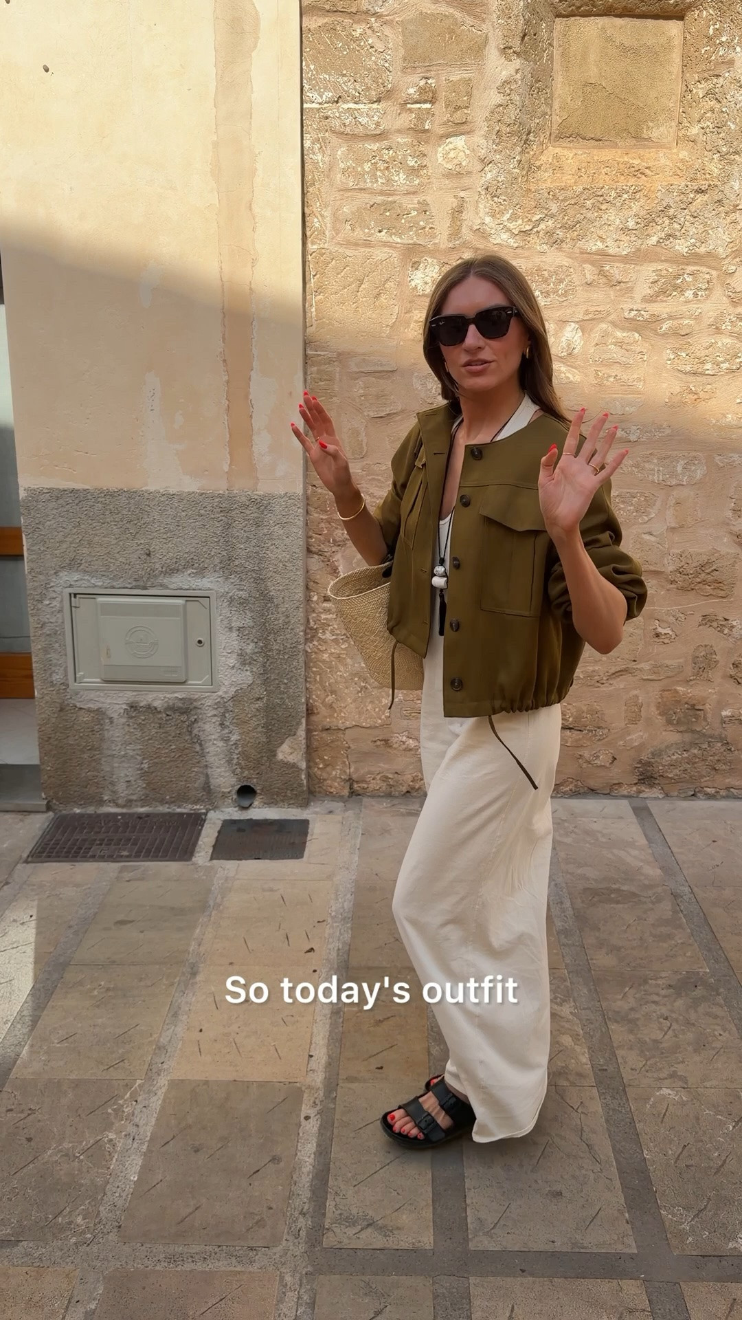 Outfit of the day for walking round Mallorca looking at wedding venues 🥹👰🏼‍♀️🤍 
Size 10 in the M&S jacket
Small in the Zara dress
I’m 5ft 6 
M&S long pendant necklace
Birkenstock sandals
Loewe basket bag