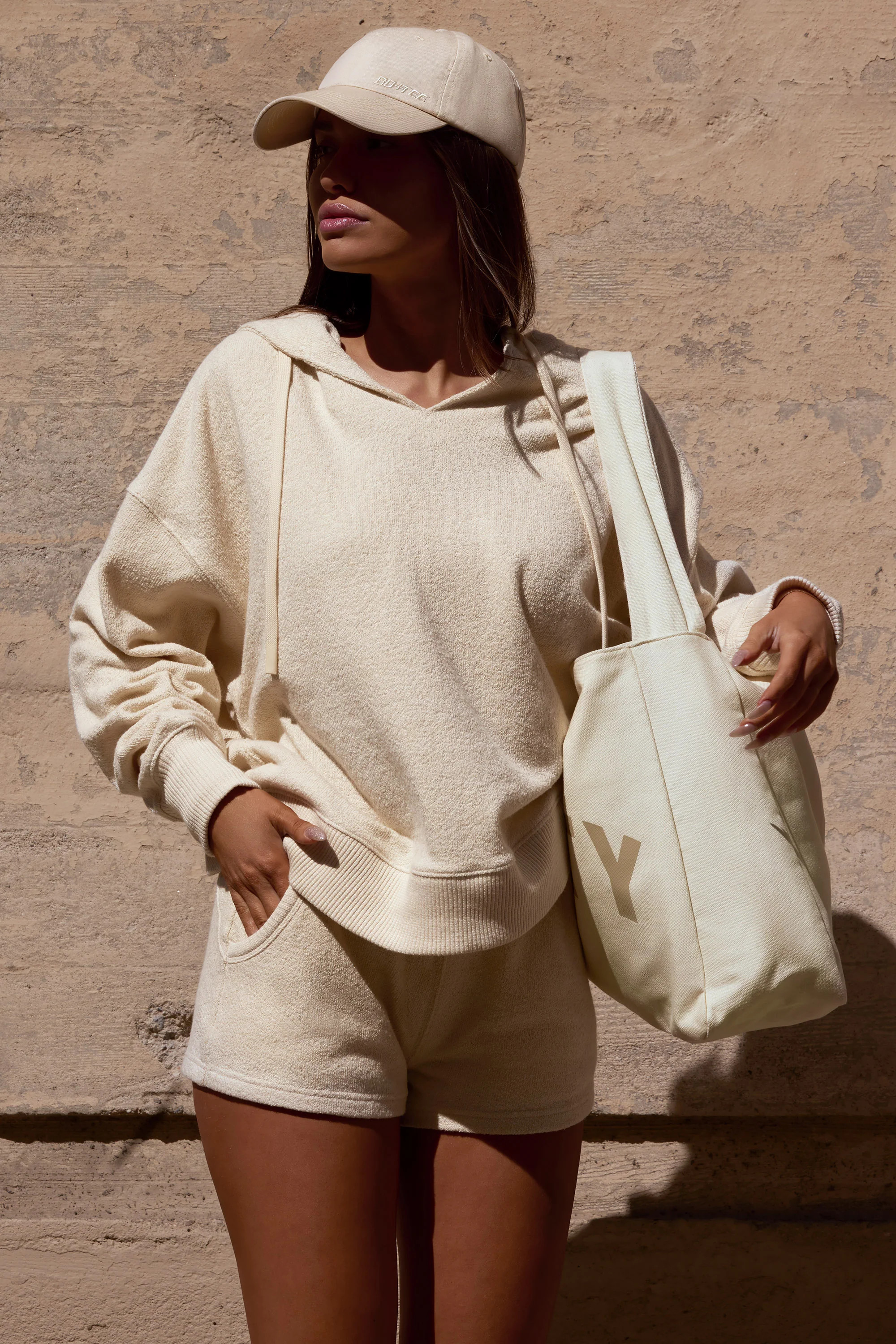 Terry Towelling V-Neck Hoodie in Cream | Oh Polly