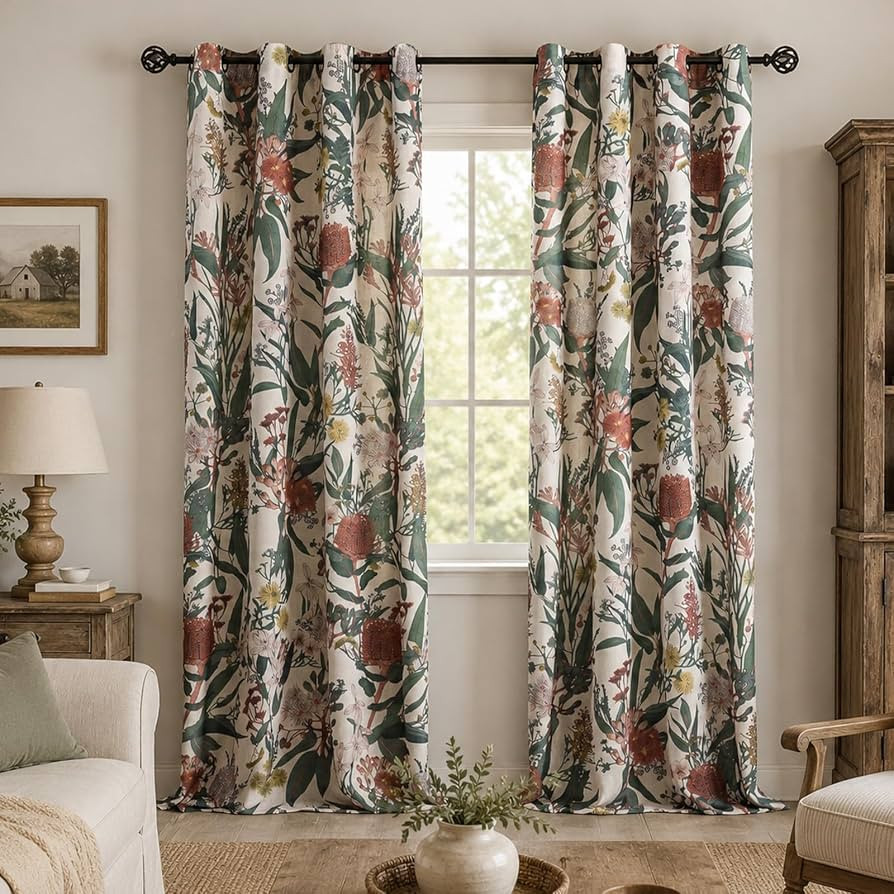 ALIGOGO Linen Floral Curtains for Living Room - 96 inches Long Botanical Print Boho Exotic Themed... | Amazon (US)