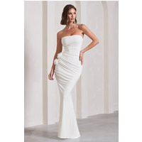 My Muse | White Ruched Bandeau Split Maxi Dress With Flowers | Club L London