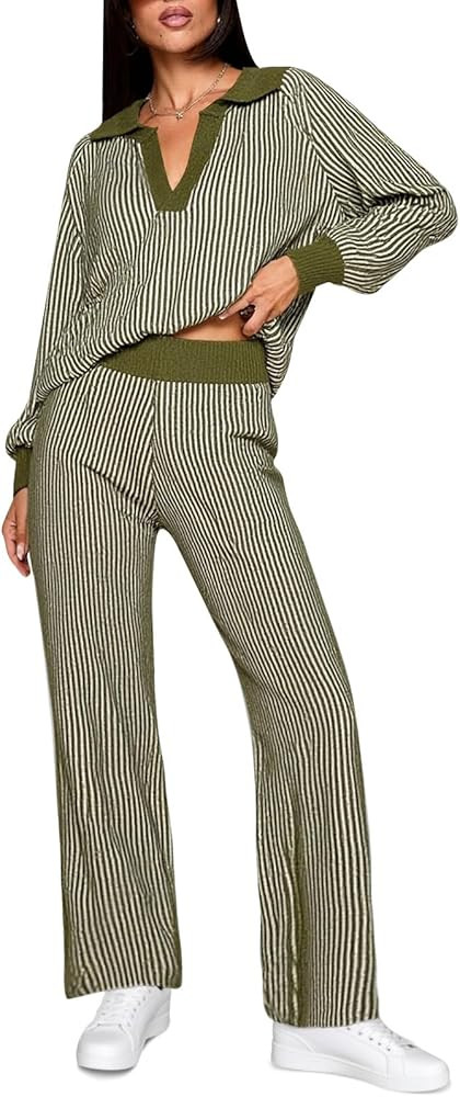 Fisoew Womens 2 Piece Outfits Striped Lounge Sets Knit V Neck Sweaters Casual Wide Leg Pants Loos... | Amazon (US)