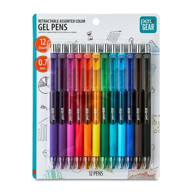 Pen+Gear Retractable Gel Pens, Medium Point,0.7mm, Assorted Ink,12Count | Walmart (US)