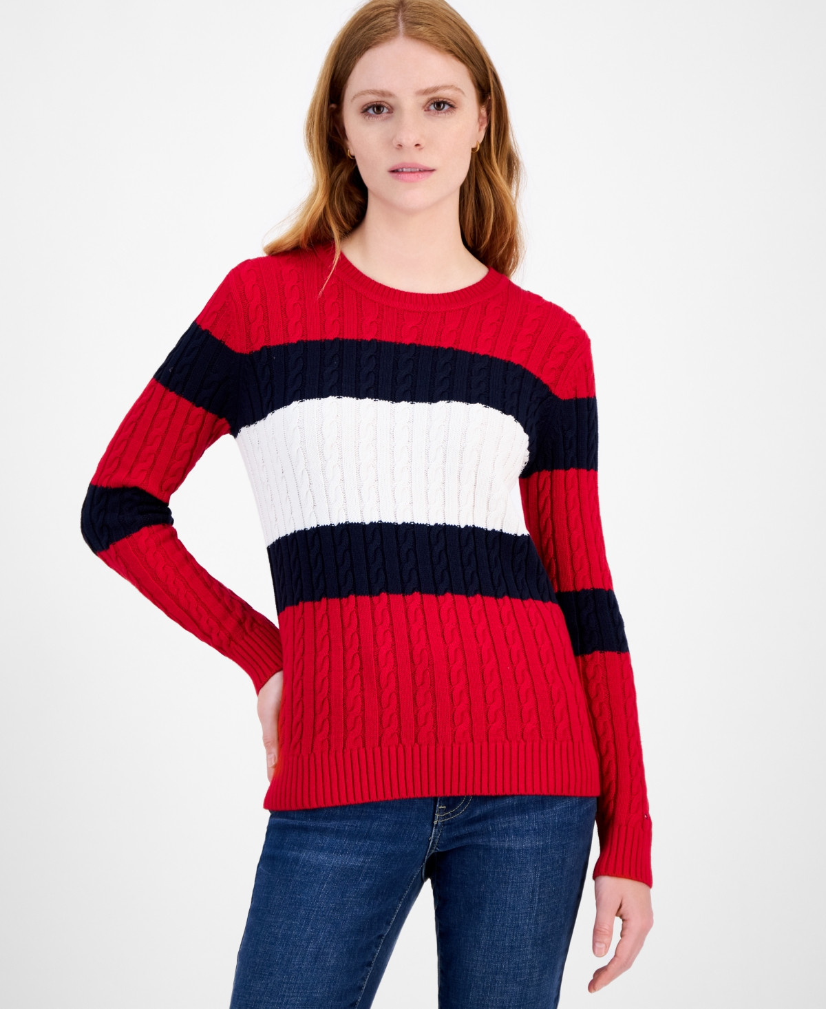 Tommy Hilfiger Women's Cotton Flag Cable Knit Sweater - Scarlet Multi | Macy's