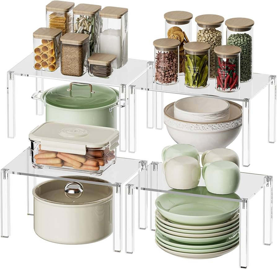 Clear Cabinet Organizer: Acrylic Shelf Riser Set of 4 for Kitchen Pantry Organizers and Storage -... | Amazon (US)