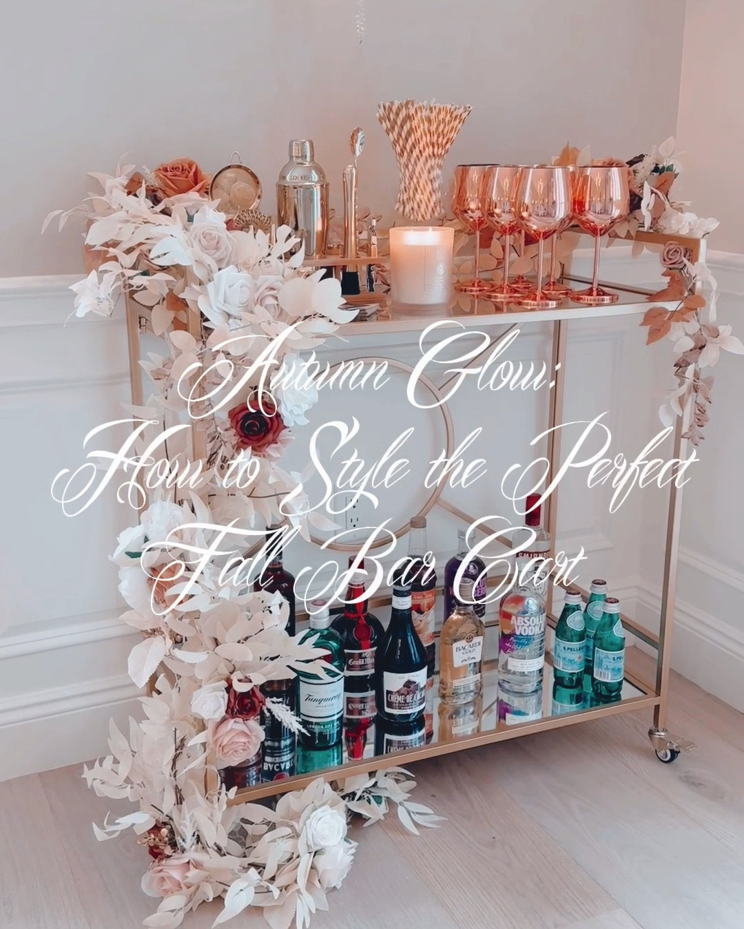 Darlings, can we take a moment to admire the transformation of my bar cart? I’ve recently started decorating them (yes, I have four—what else is new?) to reflect the seasons, and this one in my dining room is absolutely glowing in fall elegance. Since this is the party room of the house, it’s all about opulence—rose gold mingling with touches of gold, creating the perfect pairing for entertaining in style. I’ve dressed it up with an asymmetrical garland of cream, blush, and soft browns, giving it that lovely seasonal charm. And of course, the rose gold glasses and a candle for that added glow—everything just shimmers, doesn't it?

On the lower shelf, you'll find all the essentials to craft the perfect drinks for your gatherings (or a little treat for yourself). It’s a setup that’s not only functional but also a feast for the eyes—because who says practicality can’t be pretty? And the best part? It's so easy to recreate! Until next time, loves—stay fabulous and chic! ✨

#LTKHome #LTKFallSale #LTKSeasonal
