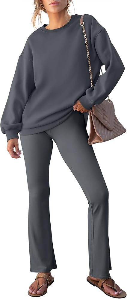 ANRABESS Women 2 Piece Sweatsuits Lounge Set Oversized Fleece Crewneck Sweatshirts Flare Pants 20... | Amazon (US)