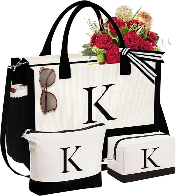 YOOLIFE Initial Canvas Tote Bag & Makeup Bag, Personalized Birthday Gifts for Women Mom Daughter ... | Amazon (US)