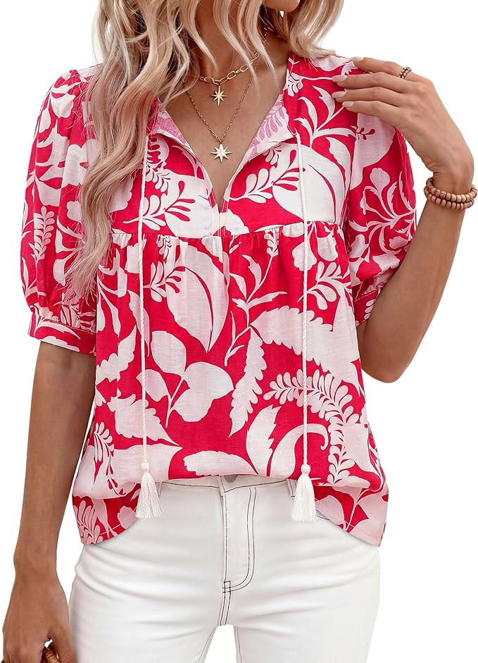 PRETTYGARDEN Womens Summer Boho Tops 2026 Vacation Outfits Casual Tie Front V Neck Peasant Blouse... | Amazon (US)