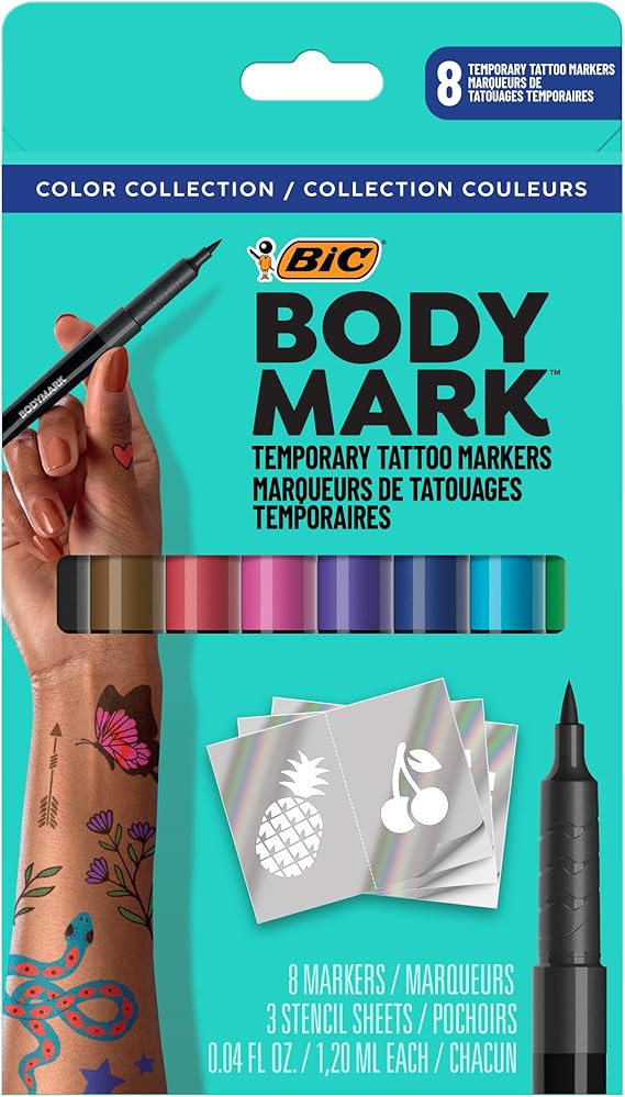 BIC BodyMark Temporary Tattoo Marker with Cosmetic Quality and Skin Safety, 8-Count in Assorted C... | Amazon (US)